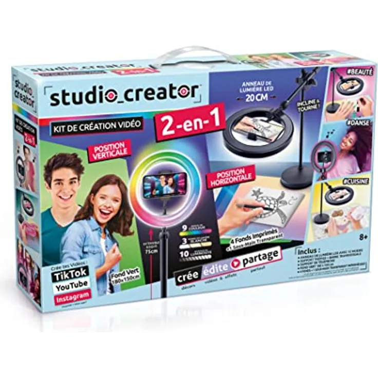 Canal Toys Creator-Studio 2-in-1 Videoleuchte, mehrfarbiger LED-Ring mit 12 Modi, verstellbares Stativ, inklusive Hintergründe und Schreibtischunterlage, INF 027