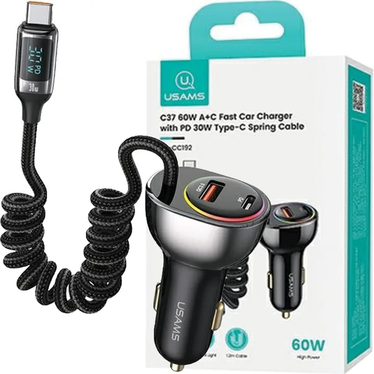 USAMS Ład. Sam. C37, 60W Auto Ladegerät mit 1x USB und 1x USB-C, PD+QC Schnellladung, Schwarz, inkl. 1,2m Kabel