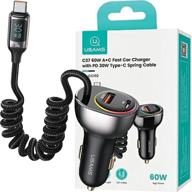 USAMS Ład. Sam. C37, 60W Auto Ladegerät mit 1x USB und 1x USB-C, PD+QC Schnellladung, Schwarz, inkl. 1,2m Kabel
