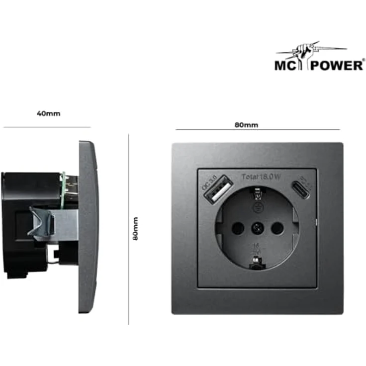 McPower FLAIR Schutzkontakt Steckdose mit 1x USB-C (18W Quickcharge), 1x USB-A, Einsteckschutz, anthrazit matt, Unterputz, 250V~/16A – Bild 3