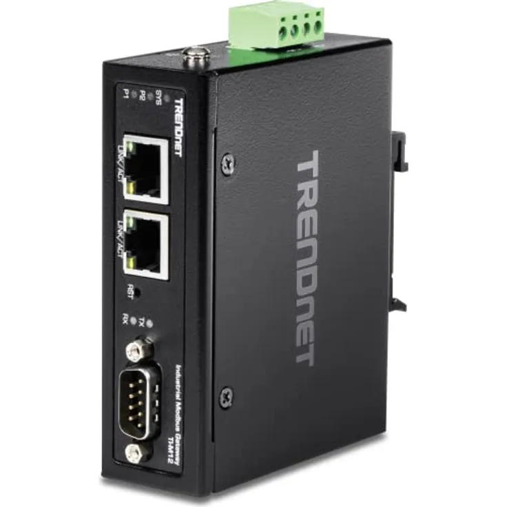TRENDnet TI-M12 1-Port-Fast-Ethernet-Industrie-Modbus-Gateway, 1 x serieller DB-9-Port, 2 x Fast-Ethernet-Ports, bis zu 100 m (328 Fuß), IP30-Gehäuse, Schutz vor extremen Temperaturen