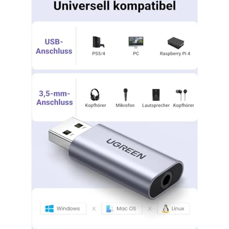 UGREEN USB Externe Soundkarte USB A auf 3,5 mm Adapter, Plug and Play, 24 bit/96 kHz Audioausgang, Aluminiumlegierung, kompakt – Bild 3