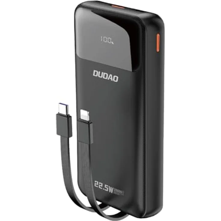 COFI 1453 Powerbank 20000 mAh 22,5 W PD USB-C/USB-A/integrierte USB-C Kabel und kompatibel mit iPhone Schwarz