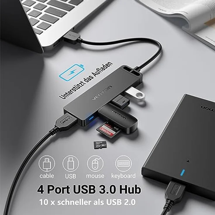 VENTION USB Hub 4-Port 3.0 USB Verteiler Ultra Dünn PVC Gehäuse, PC USB Erweiterung Splitter Unterstützung Beim Aufladen für Laptop, Xbox, Mac Mini/Pro, PS5/PS4 - Schwarz – Bild 2