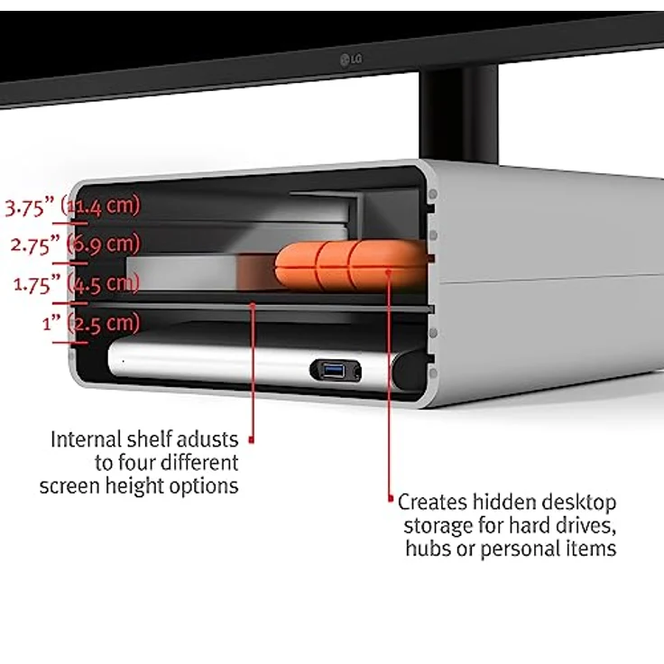 Twelve South HiRise Pro für iMac/Displays/Monitore | Höhenverstellbarer Ständer mit Stauraum, umkehrbarer Front + Ledereinlage (Silber) – Bild 2