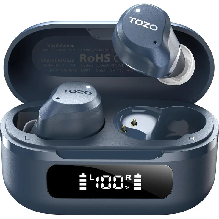 TOZO NC9 True Wireless In-Ear Kopfhörer mit Bluetooth 5.3, Hybrid ANC, 6 Mikrofone, 59h Akku, IPX8 wasserdicht, Schwarz