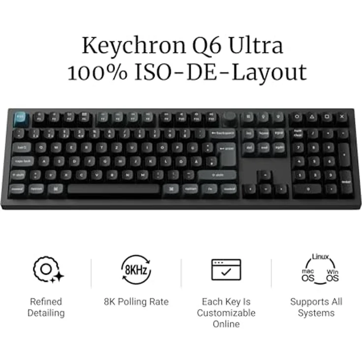 Keychron Q6 Ultra 8K, Kabellose mechanische Tastatur mit Vollmetallgehäuse, 100% ISO-DE-Layout, 8000 Hz Abtastrate, RGB-Beleuchtung, Bluetooth 5.3, Silk POM Red-Schalter – Bild 2