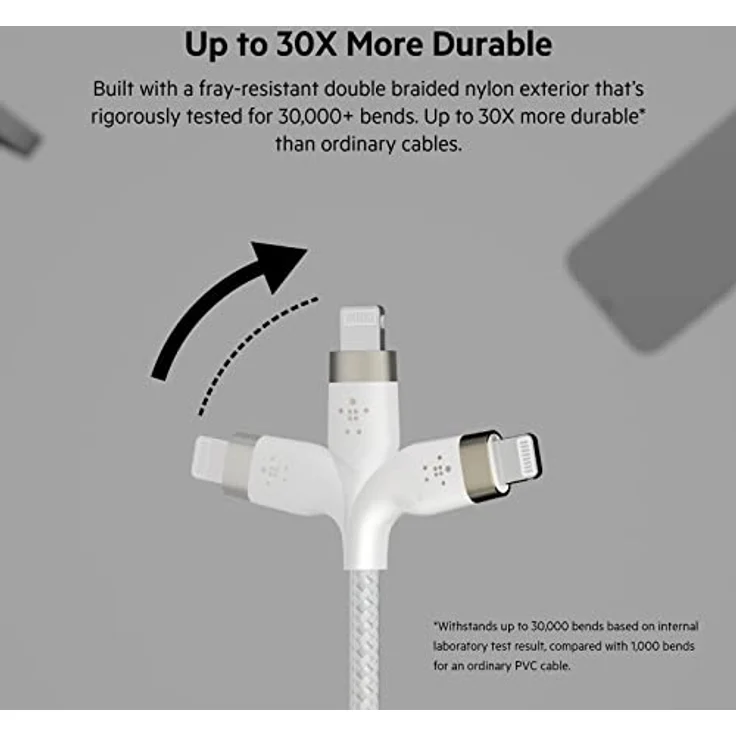 Belkin BoostCharge Pro Flex geflochtenes USB-A/Lightning-Kabel, 1 m, MFi-zertifiziertes Ladekabel für iPhone 14/14 Plus, 13, 12, Pro, Max, mini, SE, iPad und andere Geräte – Weiß – Bild 2