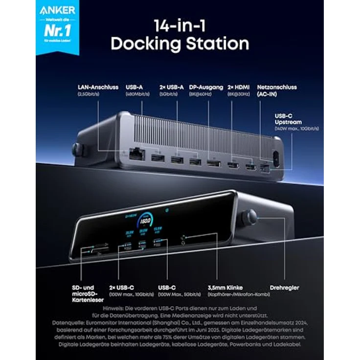 Anker Prime Docking Station 14 Ports, Triple-Display bis 8K, 140W USB-C, smartes Display, aktive Kühlung für macOS & Windows – Bild 2