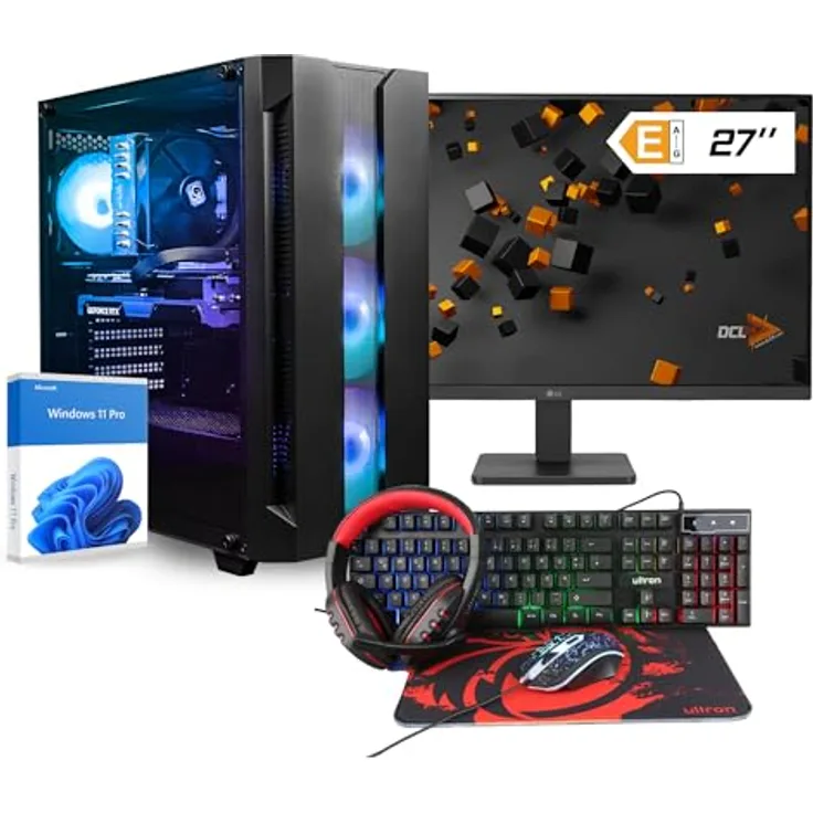 dcl24.de Gaming PC Set komplett Intel i7 14700, RTX4060 8GB - 1000GB SSD, 32GB DDR5, 20x5.4 GHz, WLAN, 27" Monitor, Schwarz