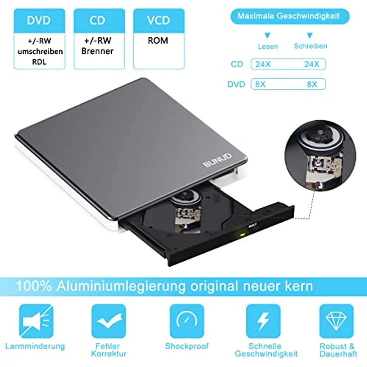 BUNUD Externes CD DVD Laufwerk USB 3.0 Type-C mit USB & SD/TF, Optical CD-ROM Brenner für Laptop Windows 11 10 Mac MacBook Air Pro Apple iMac PC – Bild 2