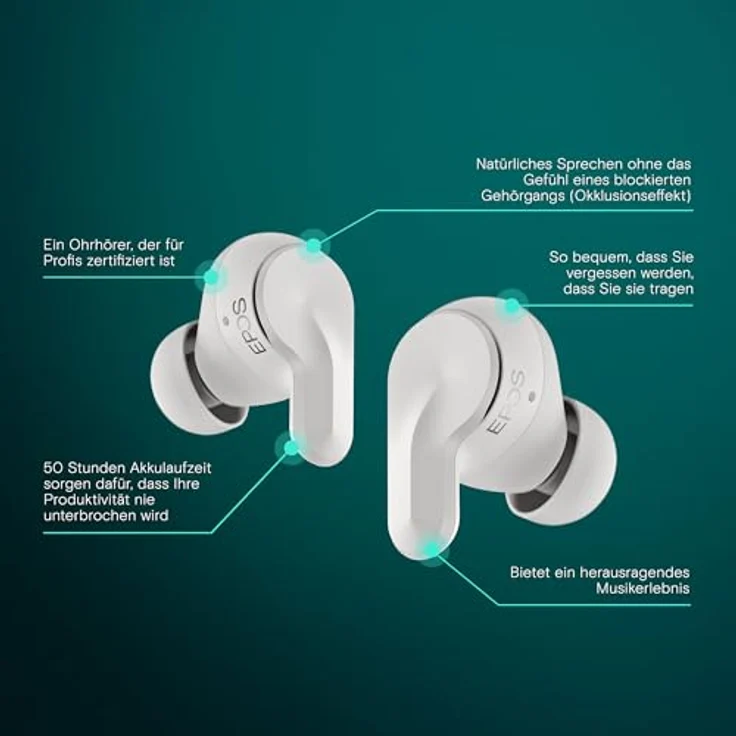 EPOS ADAPT E1, In-Ear Headset Bluetooth® Stereo, Weiß, Noise Cancelling, Mikrofon, Microsoft Teams zertifiziert, bis zu 50 Stunden Akkulaufzeit – Bild 2