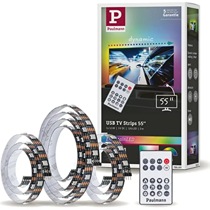 Paulmann 78880 LED Stripe USB TV-Beleuchtung 55 Zoll 2m 60LEDs/m Dynamic Rainbow RGB incl. 1x3,5 Watt dimmbar Lichtband Schwarz Kunststoff