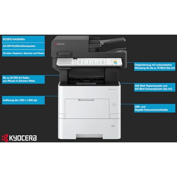 Kyocera Ecosys MA5500ifx/Plus Multifunktionsdrucker Schwarz Weiss, 55 Seiten pro Minute. Drucker Scanner Kopierer, Fax. Touchpanel, LAN und Mobile Print, inkl. 3 Jahre Full Service Vor-Ort – Bild 2