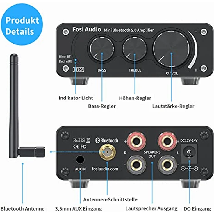 Fosi Audio BT10A Bluetooth 5.0 Stereo Audio Verstärker Empfänger 2 Kanal Klasse D Mini Hi-Fi Integrierter Verstärkter Geeignet für Lautsprecher zu Hause 50W x2 TPA3116 – Bild 2