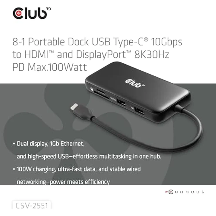 Club 3D 8-1 Portable Dock USB Type-C, 10 Gbps, HDMI und DisplayPort, 8K 30Hz, PD 100W, kompatibel mit Windows und MacOS – Bild 3