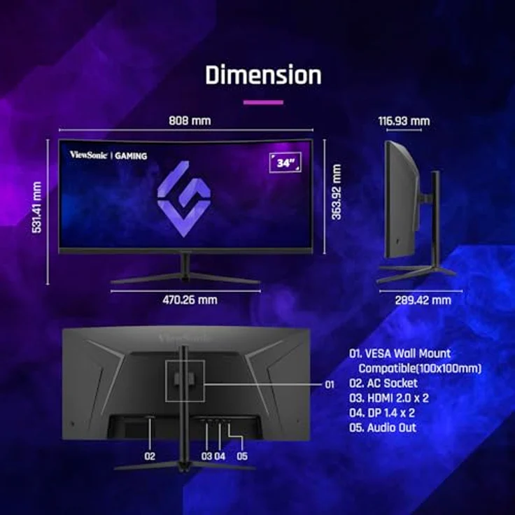 ViewSonic VX3418C-2K, 34 Zoll UWQHD Gaming Monitor mit 180 Hz, 1ms Reaktionszeit, HDR10, FreeSync Premium, gewölbt, HDMI, DP – Bild 4