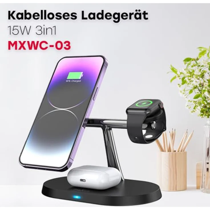 FOREVER MaxLife MXWC-03 induktives Ladegerät, 3-in-1 drahtlose Ladestation für iPhone Samsung Telefon Kopfhörer Smartwach, schnelles kabelloses Laden, minimalistisches Design, schwarz – Bild 3
