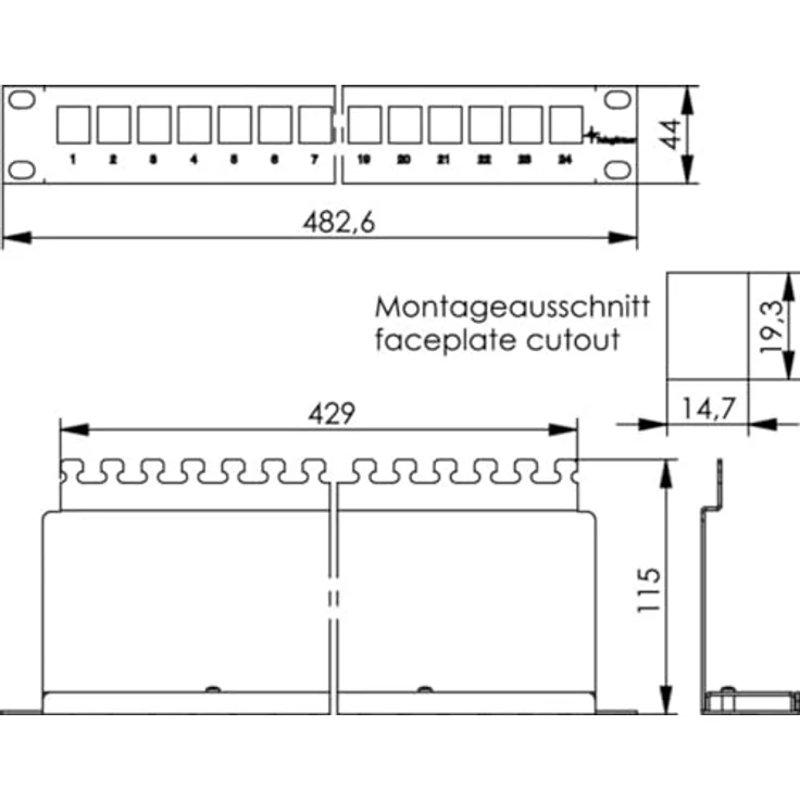 Telegärtner 100021492 24 Port Netzwerk-Patchpanel, CAT 6a, 483mm (19"), unbestückt, 1 HE, lichtgrau (RAL 7035) – Bild 2