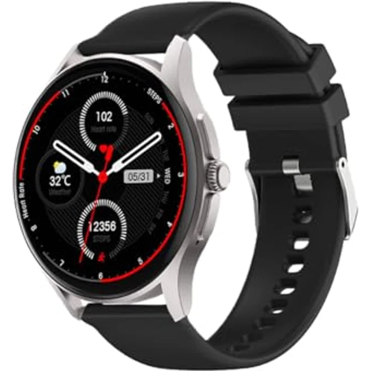 Knauermann Neo (2024) Silber Rund - Gesundheitsuhr Smartwatch - EKG + HRV Funktion - BT Bluetooth - Schlafapnoe - Blutdruck - Silikonband Schwarz, 14-24 – Bild 1