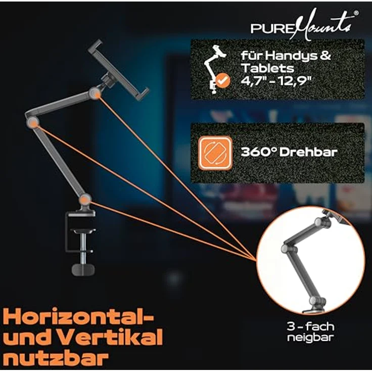 PureMounts Tablet Tischhalterung, 360° drehbar für 4,7–12,9 Zoll Tablets, matte schwarze Oberfläche – Bild 2