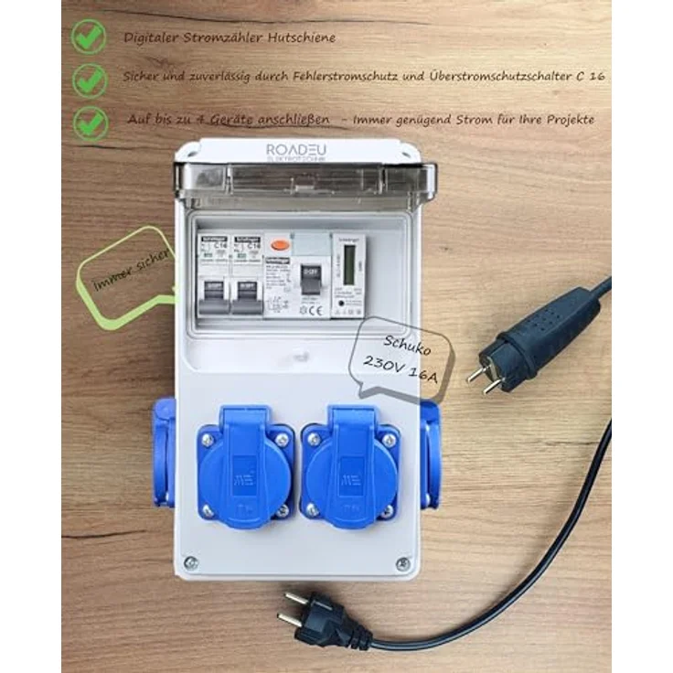 RoadEu Stromverteiler 230V mit Zähler, 4x Schuko, Fi Schutzschalter 40A, 2x Leistungsschalter C16A - IP44, Digitaler Stromzähler, Hutschiene – Bild 2