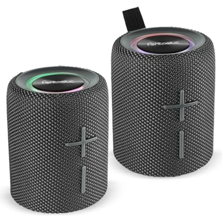 Fontastic „Cora“ 2-in-1 Bluetooth Lautsprecher-Boxen, Mobile Musik-Box mit LED-Licht, IPX5 Portable Speaker mit AUX & Micro-SD, 2X 10 Watt, Tragbare Sound-Box Grau