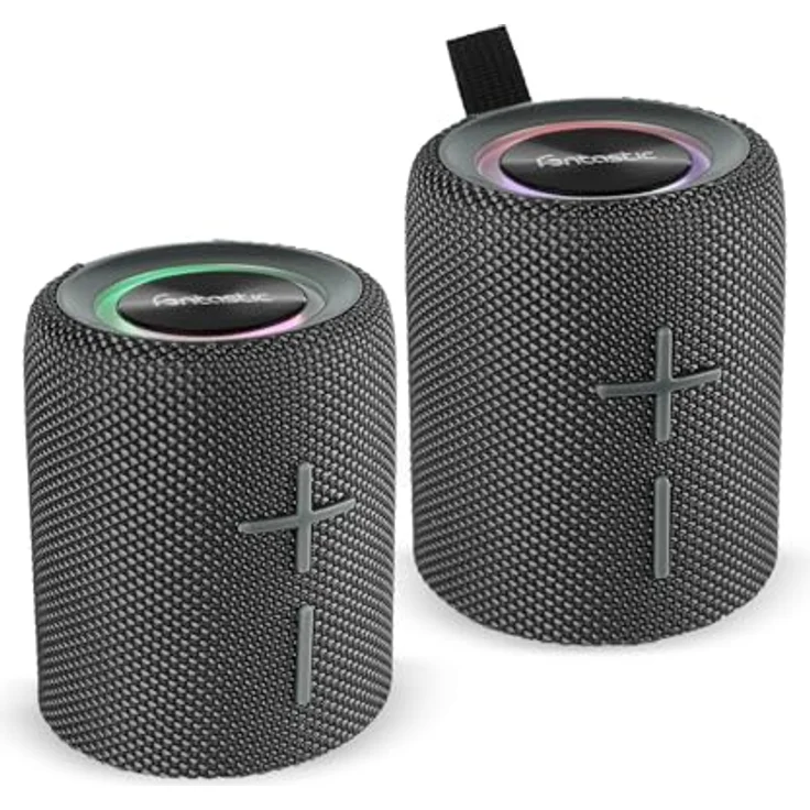 Fontastic „Cora“ 2-in-1 Bluetooth Lautsprecher-Boxen, Mobile Musik-Box mit LED-Licht, IPX5 Portable Speaker mit AUX & Micro-SD, 2X 10 Watt, Tragbare Sound-Box Grau – Bild 1