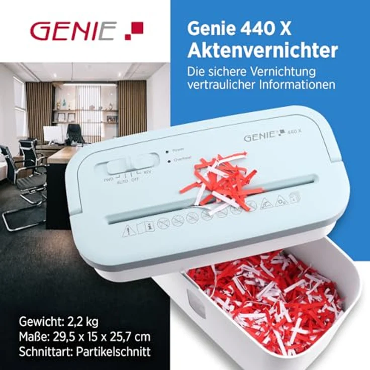 GENIE 440 X Aktenvernichter | Partikelschnitt 4x38 mm | Sicherheitsstufe P-4 | Leise 72 dB | Kompakt & Mobiler Shredder | Automatische Start-/Stopp-Funktion | Überhitzungsschutz | Farbe weiß blau – Bild 2