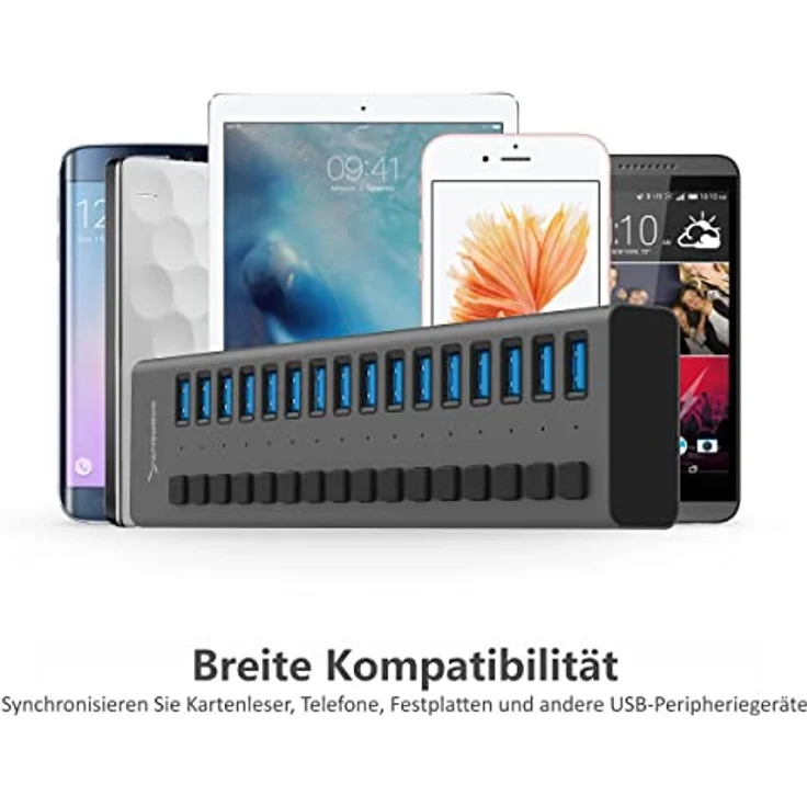 SABRENT 16 Port USB hub aktiv 3.2 gen1 und USB Ladegerät 90W Mehrfach Schnellladegerät mit Netzteil, USB Adapter,Verteiler Ladestation, Powered USB hub mit EIN/AUS-schaltern (HB-PU16) – Bild 5