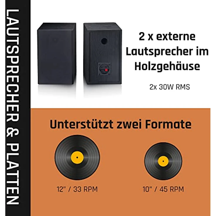 Lenco LS-500 - Hi-Fi Plattenspieler mit Bluetooth - Mit externen Lautsprechern 2 x 30 W RMS - Riemenantrieb - Vorverstärker - MDF-Gehäuse - Schwarz – Bild 2