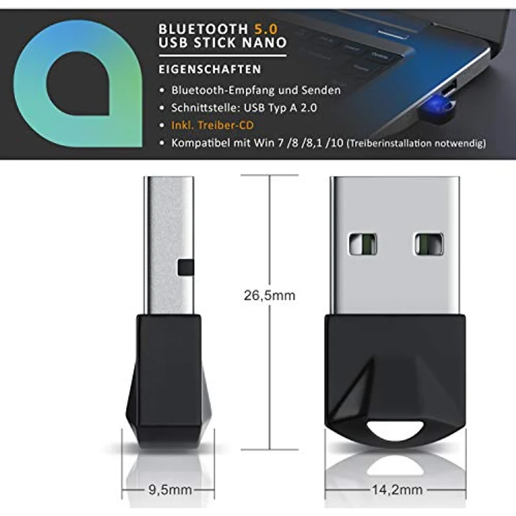 CSL - USB Bluetooth 5.0 Adapter Mini – BT V5.0 Stick Dongle – für PC Laptop - Bluetooth Empfänger und Sender für Desktop Laptop Drucker Headset Lautsprecher - kompatibel mit Windows 8.1 10 11 – Bild 4