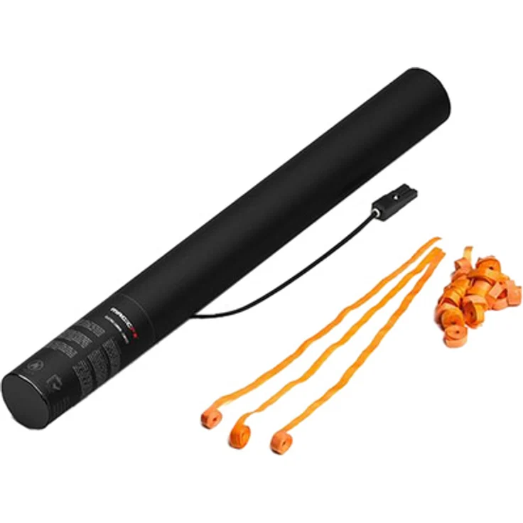 Magic FX E Cannon 50 cm, Elektrische Konfetti Kanone mit orangen Luftschlangen, 12 m Reichweite