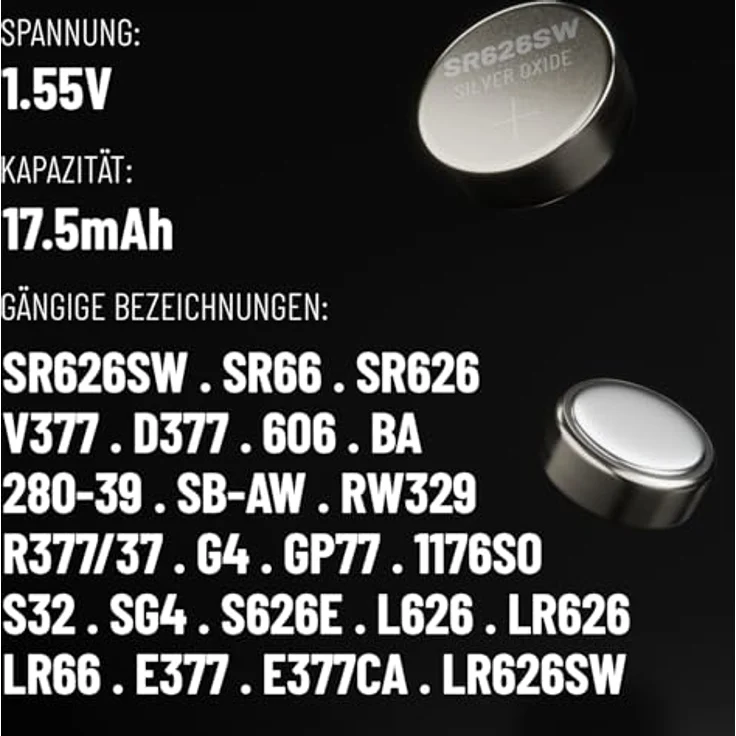 ABSINA SR626SW Uhrenbatterie 1,55V Silberoxid 10er Pack - Knopfzellen SR626SW auslaufsicher & Lange Haltbarkeit - Batterie SR626SW, Uhrenbatterien SR626SW Knopfzelle – Bild 5