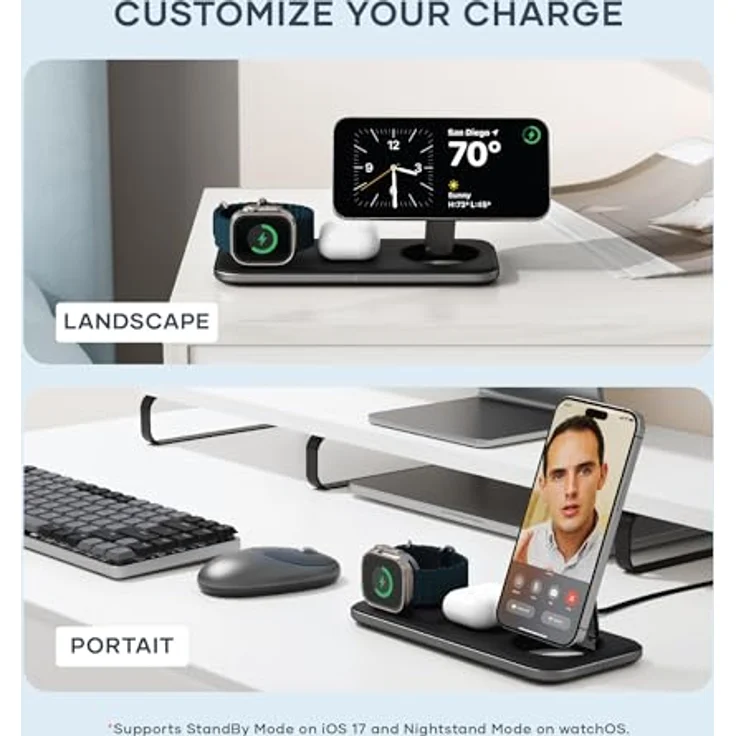 SATECHI Qi2 Trio Wireless Charging Pad, 3-in-1 Ladestation, 15W Schnellladegerät für iPhone 16/15/14/13/12, AirPods und Apple Watch, Aluminium – Bild 4