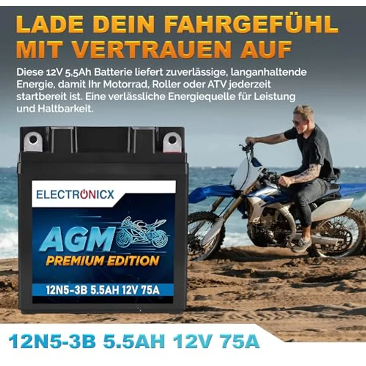 Electronicx AGM-12N5-3B, AGM Motorradbatterie 5.5Ah 12V, wartungsfrei, auslaufsicher, rüttelfest für Motorräder, Roller und Quads – Bild 2