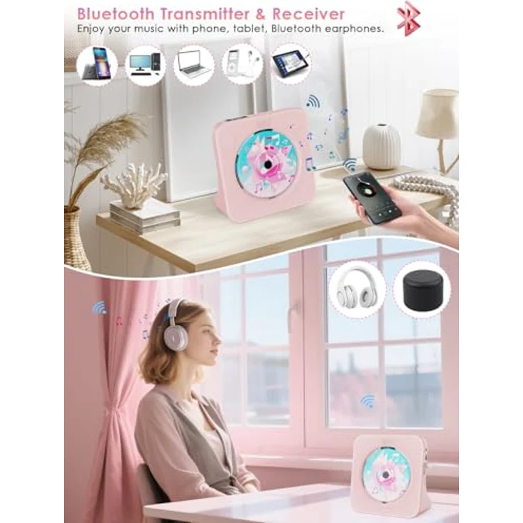 Gueray CD-Player mit Bluetooth 5.0, FM-Radio, USB und 3,5 mm Audioplayer, rosa – Bild 2