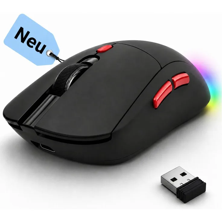 RUHE RGB Gaming Maus Kabellos, Ergonomische Funkmaus mit 4800 DPI, Wiederaufladbar, 6 Tasten, Schwarz Weiß