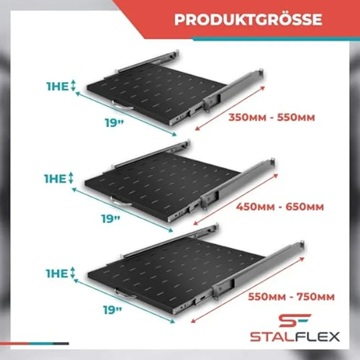 Stalflex Server Netzwerkschrank 19 Zoll 1U 350mm, Hochbelastbarer Stahl, Ausziehbares belüftetes Rackmontage Kragarmtablett, 19 Zoll Fachboden – Bild 2