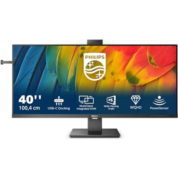 Philips 40B1U5601H - 40 Zoll WQHD Monitor, 5 MP Webcam, höhenverstellbar, Lautsprecher (3440x1440, 100 Hz, HDMI, DisplayPort, USB-C, RJ45, USB Hub) schwarz – Bild 1