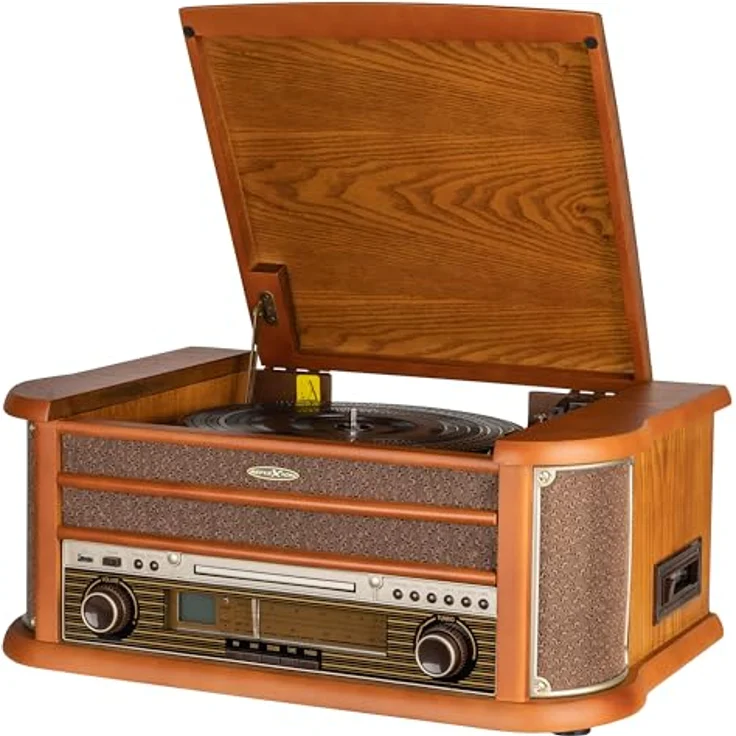 Reflexion HIF2002 Retro Stereo-Anlage mit Plattenspieler, Kassette, CD-Player und Radio (UKW - MW, CD - MP3, USB, beleuchtetes LCD-Display, Fernbedienung, 2x40 Watt Musikleistung), braun – Bild 5