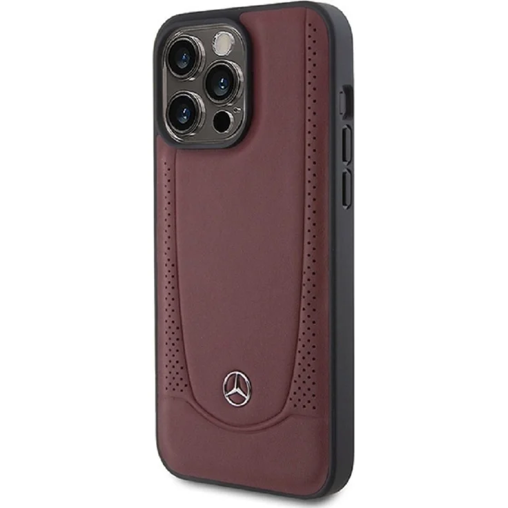 Mercedes Handyhülle Case iPhone 15 Pro, Echtleder weinrot mit Kantenschutz und Mercedes Stern Logo, 6,1 Zoll