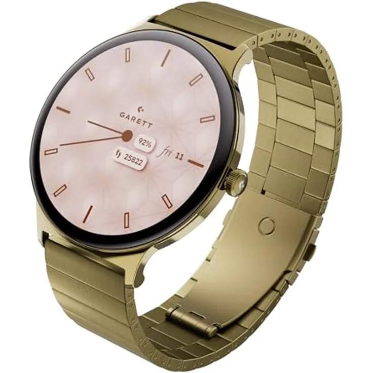 garett Smartwatch Damen Damenuhr - 1,43″ AMOLED - 7 Tage Akku - 100 Sportmodi - Gold Stahl