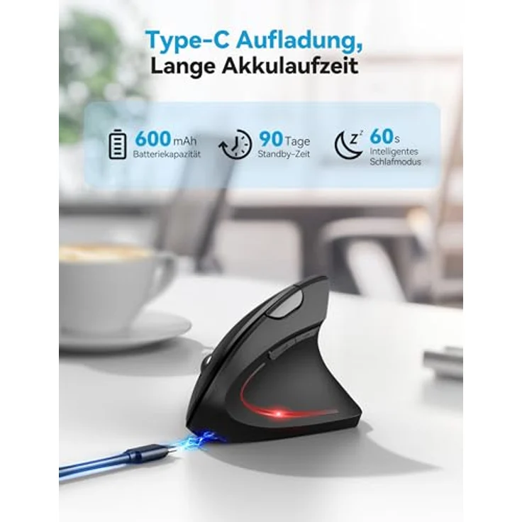 TECKNET Ergonomische Bluetooth Maus Jiggler, Wiederaufladbar, 4800 DPI, Optische Leise Vertikale Funkmaus für Windows, MacOS, Android, iPadOS – Bild 3
