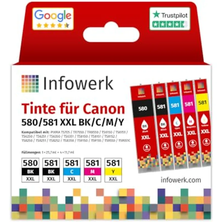 Infowerk Tintenpatrone PGI-580/581 XL, kompatibles Multipack mit 2x Schwarz breit, 2x Schwarz schmal, 2x Cyan, 2x Magenta und 2x Gelb
