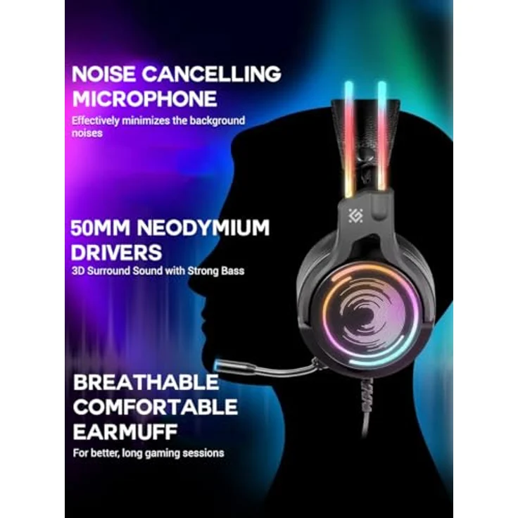 Defender® Gaming Headset, 7.1 Surround Sound, Gaming Kopfhörer PC mit Kabel für PS4, Laptop, Over-Ear-Kopfhörer mit Noise-Cancelling-Mikrofon, Headset Mit Mikrofon, LED-Licht, Schwarz – Bild 3