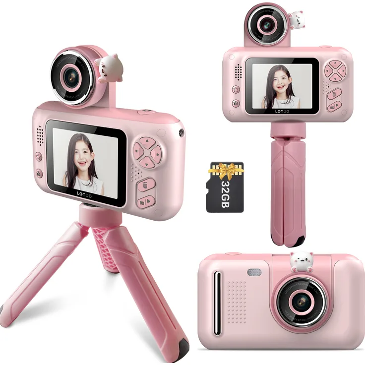 andoer 1080P Kinder-Digitalkamera, Mini-Videokamera mit 2,4 Zoll IPS-Bildschirm, 32 GB Speicherkarte und Stativ, ideal als Geschenk für Jungen und Mädchen