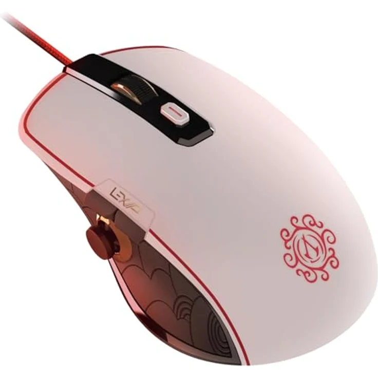 Lexip X UBISOFT Assassins Creed Shadows Mouse, Kabelgebundene Gaming-Maus mit Daumenjoystick, Weiss, Rot, Gold, Schwarz – Bild 1