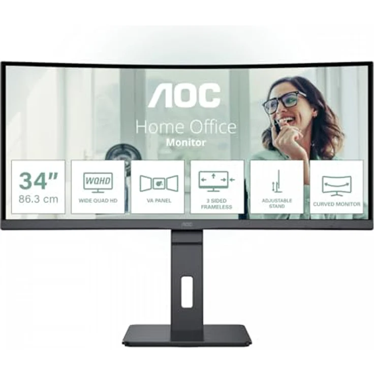 AOC CU34P3CV - 34 Zoll WQHD Curved Monitor, höhenverstellbar, Lautsprecher (3440x1440, 100 Hz, HDMI, DisplayPort, USB-C (65W PD), RJ45, USB Hub) schwarz – Bild 1