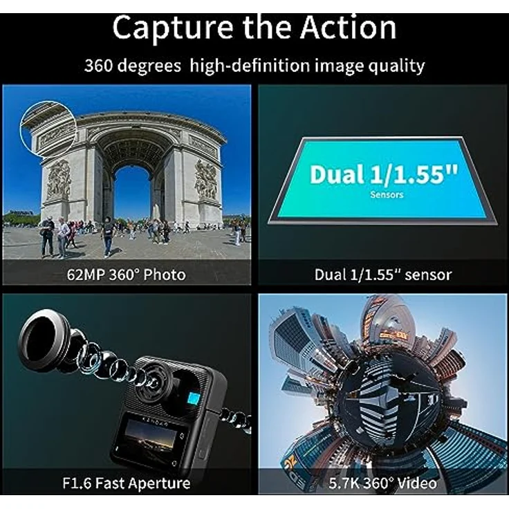 KanDao QooCam 3 Action-Kamera, 5.7K 62MP Foto 60fps Flawless 360 Video-Kamera, Outdoor-Sport-Kamera mit Dual 1/1,55 "Sensoren und F1,6 größere Blende, wasserdicht, Stabilisierung. – Bild 3